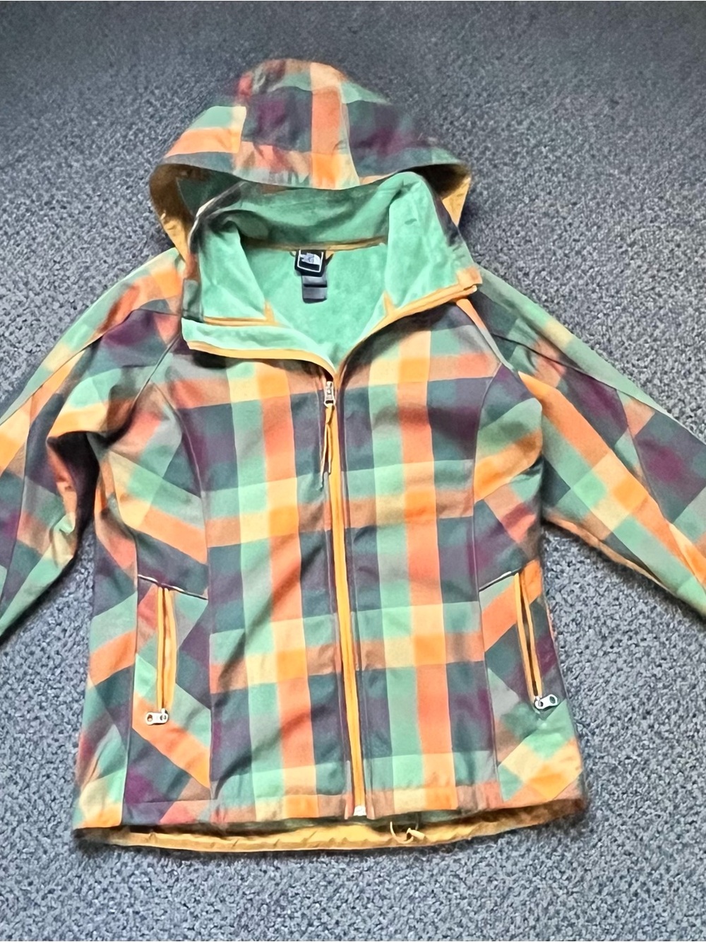 The North Face Plaid Hooded Ski Jacket in Green, Orange, Brown
